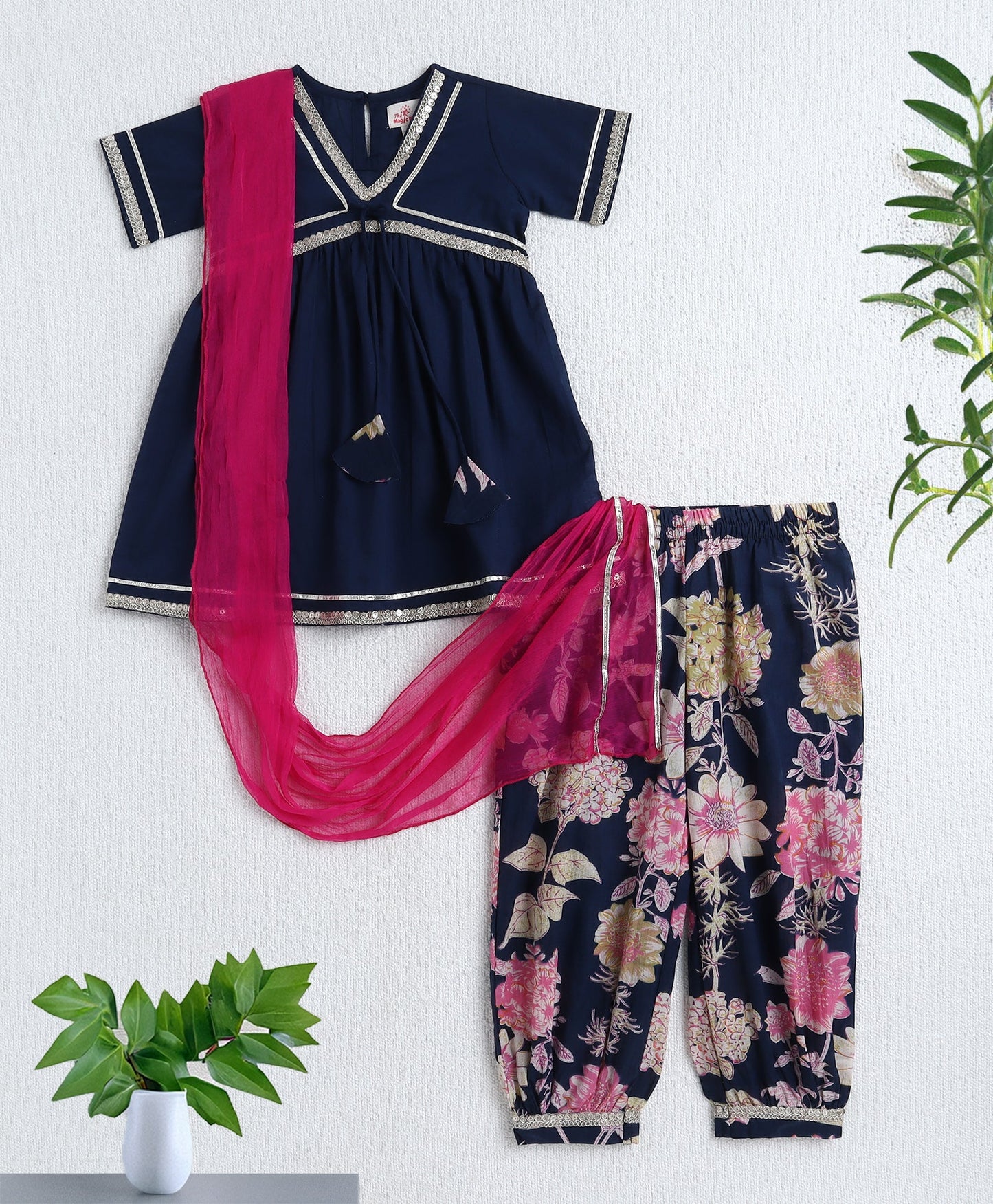 The Magic Wand Cotton Woven  Half Sleeves Solid Kurta & Floral Printed Ballon Pant with Dupatta- Navy Blue