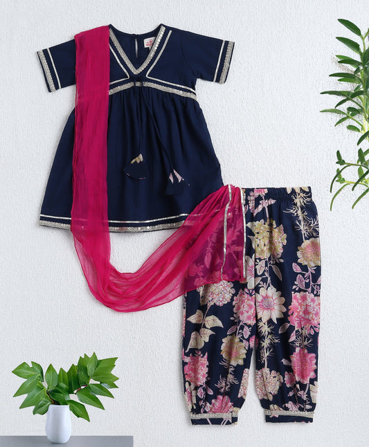 The Magic Wand Cotton Woven  Half Sleeves Solid Kurta & Floral Printed Ballon Pant with Dupatta- Navy Blue