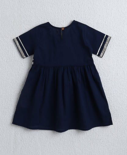 The Magic Wand Cotton Woven  Half Sleeves Solid Kurta & Floral Printed Ballon Pant with Dupatta- Navy Blue