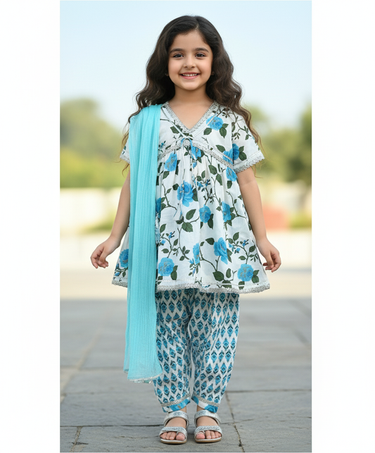 Cotton Woven Half Sleeves Floral Printed Kurta & Pant with Dupatta - Blue