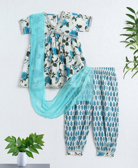 The Magic Wand Cotton Woven Half Sleeves Floral Printed Kurta & Pant with Dupatta - Blue