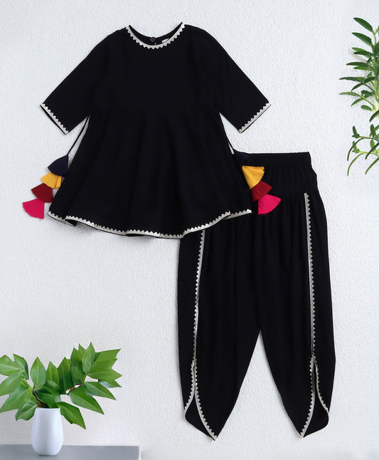 The Magic Wand Rayon Woven Elbow Sleeves Solid Anarkali Kurta with Dhoti Pants- Black