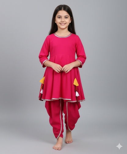 Rayon Woven Elbow Sleeves Solid Anarkali Kurta with Dhoti Pants- Fuchsia