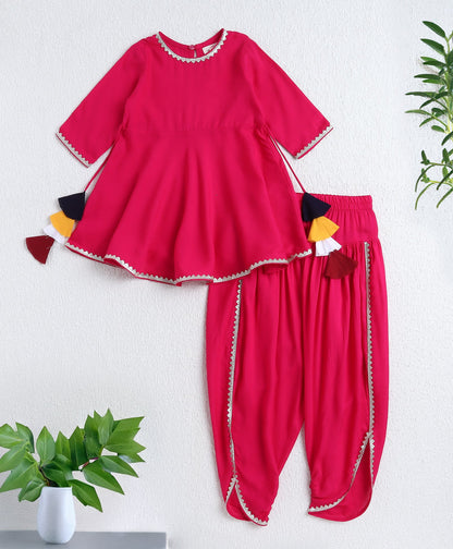 The Magic Wand Rayon Woven Elbow Sleeves Solid Anarkali Kurta with Dhoti Pants- Fuchsia