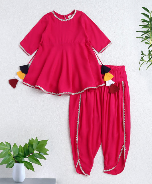The Magic Wand Rayon Woven Elbow Sleeves Solid Anarkali Kurta with Dhoti Pants- Fuchsia