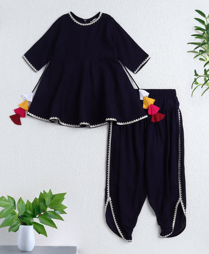 The Magic Wand Rayon Woven Elbow Sleeves Solid Anarkali Kurta with Dhoti Pants- Navy Blue