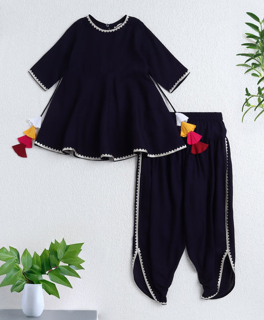 The Magic Wand Rayon Woven Elbow Sleeves Solid Anarkali Kurta with Dhoti Pants- Navy Blue