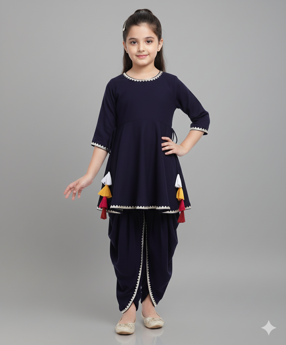Rayon Woven Elbow Sleeves Solid Anarkali Kurta with Dhoti Pants- Navy Blue