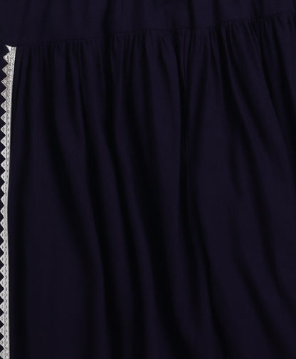 The Magic Wand Rayon Woven Elbow Sleeves Solid Anarkali Kurta with Dhoti Pants- Navy Blue