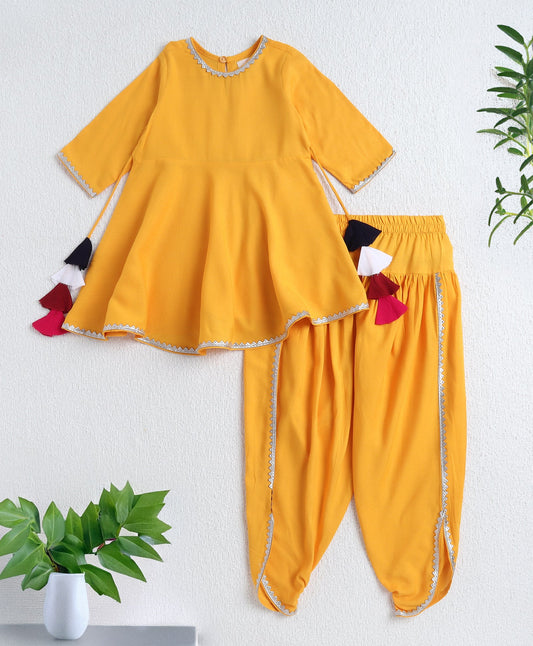 The Magic Wand Rayon Woven Elbow Sleeves Solid Anarkali Kurta with Dhoti Pants- Yellow