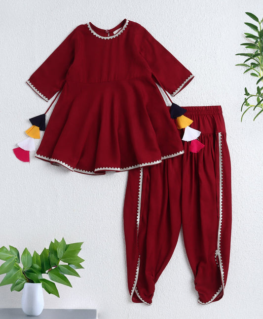 The Magic Wand Rayon Woven Elbow Sleeves Solid Anarkali Kurta with Dhoti Pants- Maroon