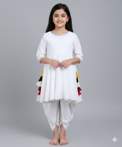 Rayon Woven Elbow Sleeves Solid Anarkali Kurta with Dhoti Pants- White