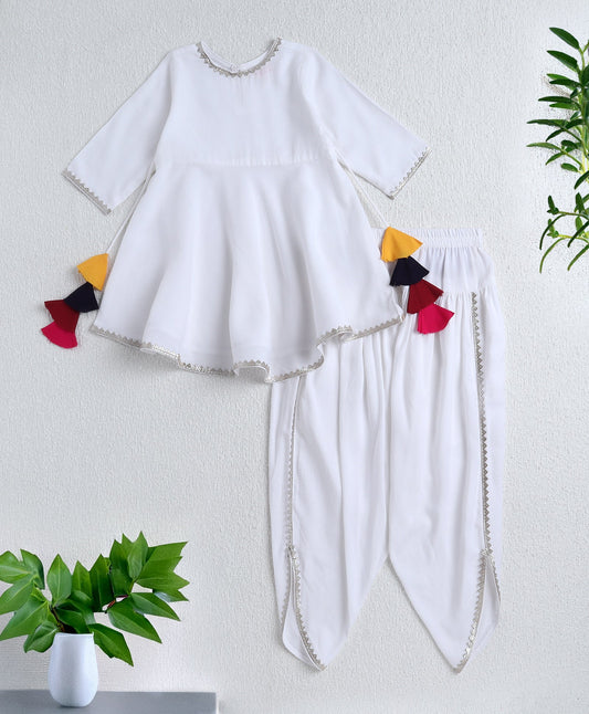 The Magic Wand Rayon Woven Elbow Sleeves Solid Anarkali Kurta with Dhoti Pants- White
