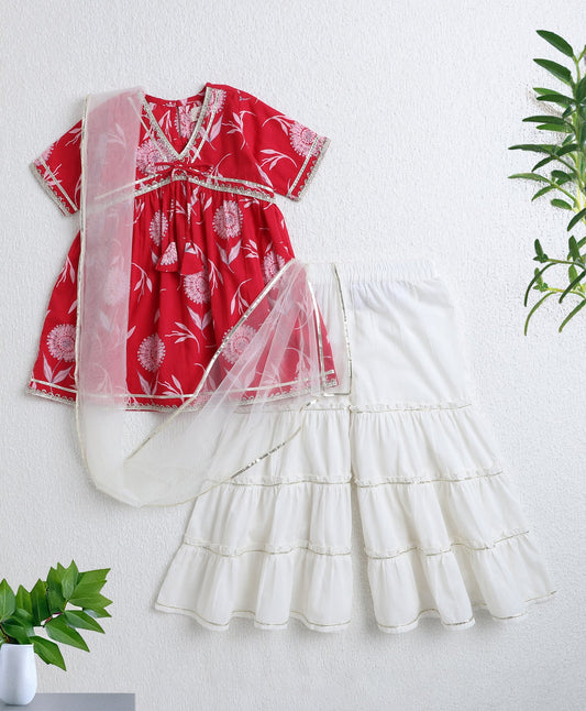 The Magic Wand Cotton Woven Half Sleeves Floral Printed Kurti & Sharara Set with Dupatta- Fuchsia