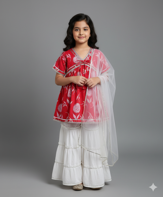 Cotton Woven Half Sleeves Floral Printed Kurti & Sharara Set with Dupatta- Fuchsia