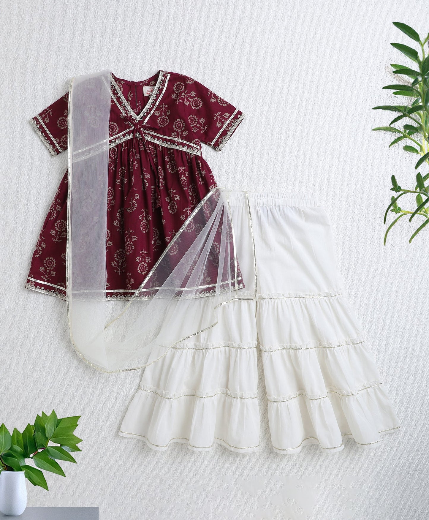 The Magic Wand Cotton Woven Half Sleeves Floral Printed Kurti & Sharara Set with Dupatta- Wine
