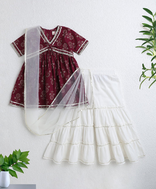 The Magic Wand Cotton Woven Half Sleeves Floral Printed Kurti & Sharara Set with Dupatta- Wine