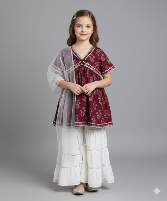 Cotton Woven Half Sleeves Floral Printed Kurti & Sharara Set with Dupatta- Wine