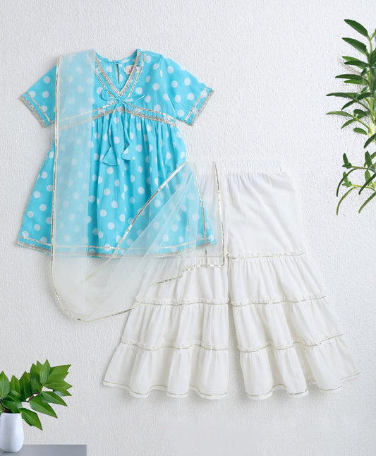 The Magic Wand Cotton Woven Half Sleeves Polka Dots Printed Kurti & Sharara Set with Dupatta- Blue