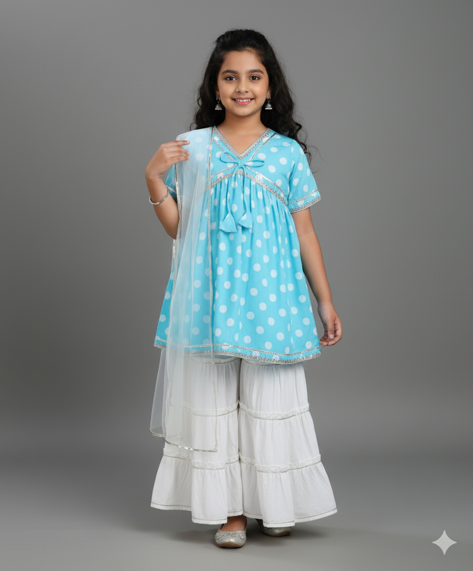 Cotton Woven Half Sleeves Polka Dots Printed Kurti & Sharara Set with Dupatta- Blue