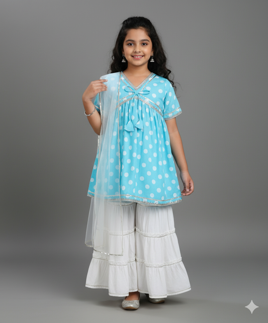 Cotton Woven Half Sleeves Polka Dots Printed Kurti & Sharara Set with Dupatta- Blue
