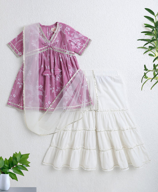 The Magic Wand Cotton Woven Half Sleeves Floral Printed Kurti & Sharara Set with Dupatta- Pink