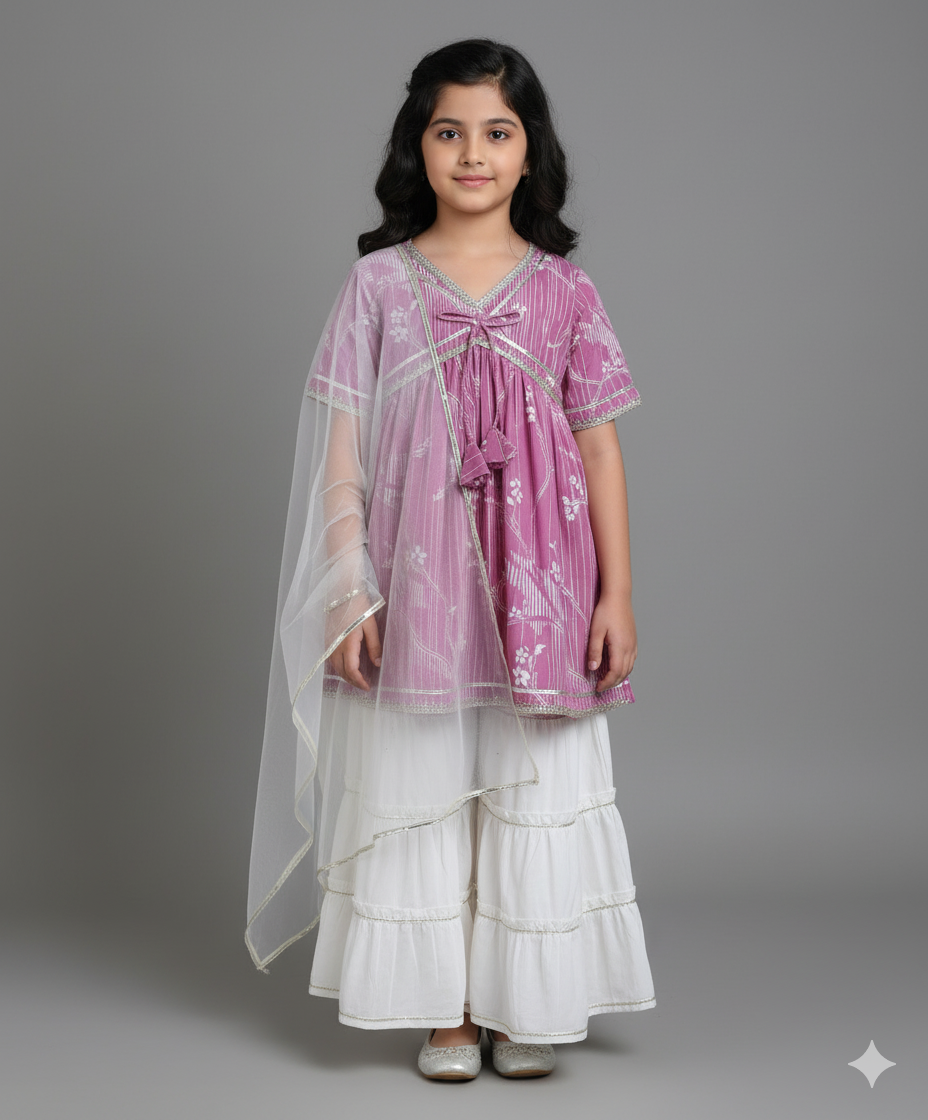 Cotton Woven Half Sleeves Floral Printed Kurti & Sharara Set with Dupatta- Pink