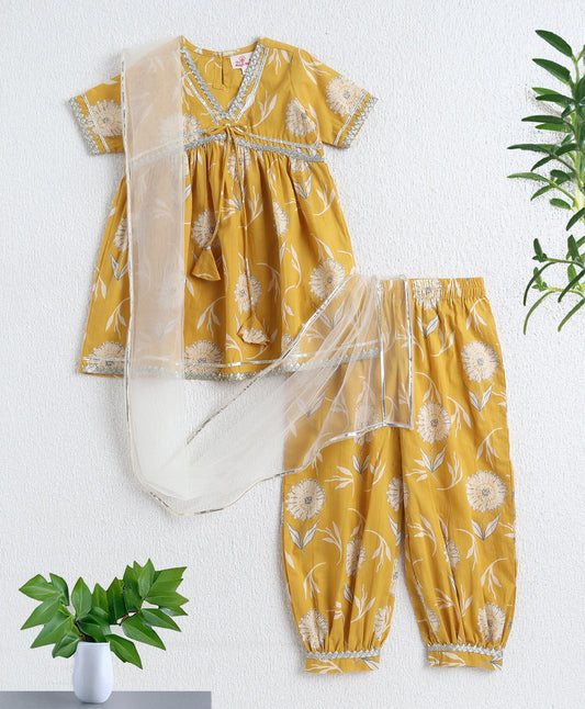 The Magic Wand Cotton Woven Half Sleeves Floral Printed Kurti & Sharara Set with Dupatta- Yellow