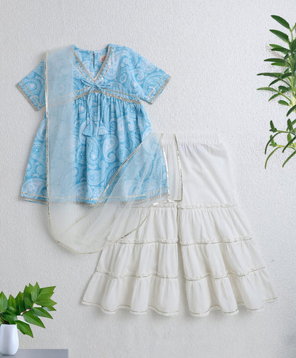 The Magic Wand Cotton Woven Half Sleeves Floral Printed Kurti & Sharara Set with Dupatta- Blue