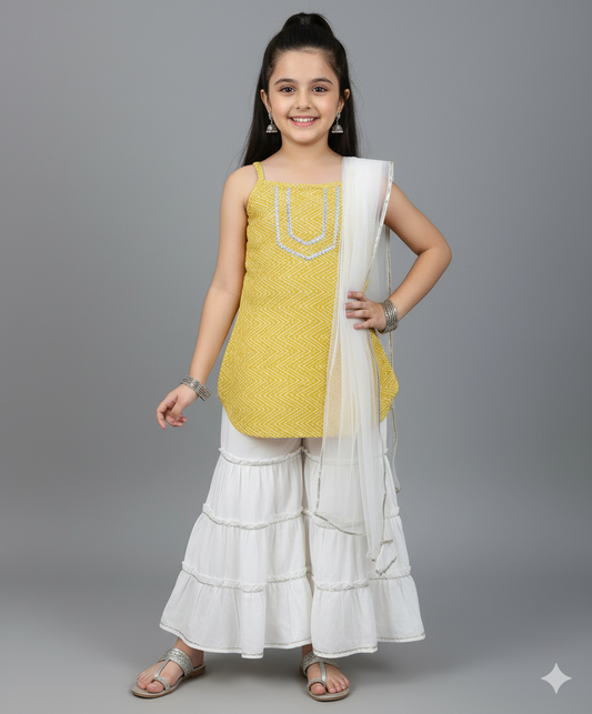 Cotton Woven Printed Singlet Kurti and Sharara Set with Dupatta- Yellow