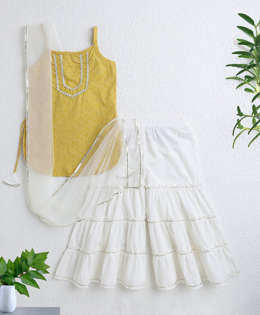 The Magic Wand Cotton Woven Printed Singlet Kurti and Sharara Set with Dupatta- Yellow