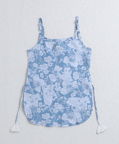 Cotton Woven Floral Printed Singlet Kurti and Sharara Set with Dupatta- Blue