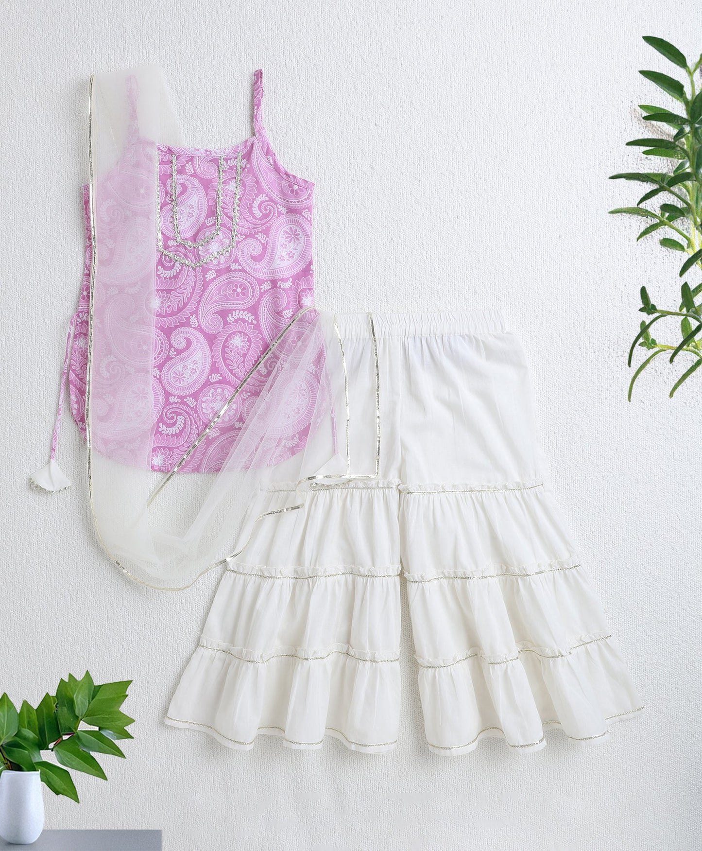 Cotton Woven Floral Printed Singlet Kurti and Sharara Set with Dupatta- Pink