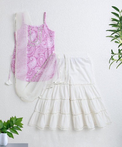 Cotton Woven Floral Printed Singlet Kurti and Sharara Set with Dupatta- Pink