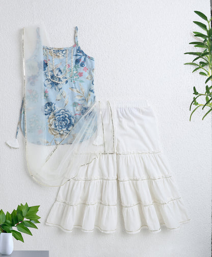 The Magic Wand Cotton Woven Floral Printed Singlet Kurti and Sharara Set with Dupatta Blue