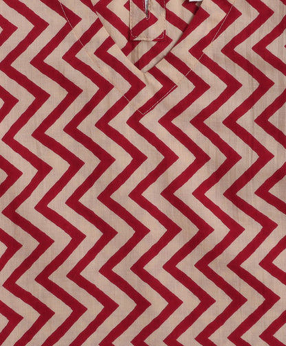 Cotton Woven Three Fourth Sleeves Zig Zag Printed Top and Bottom Set- Maroon
