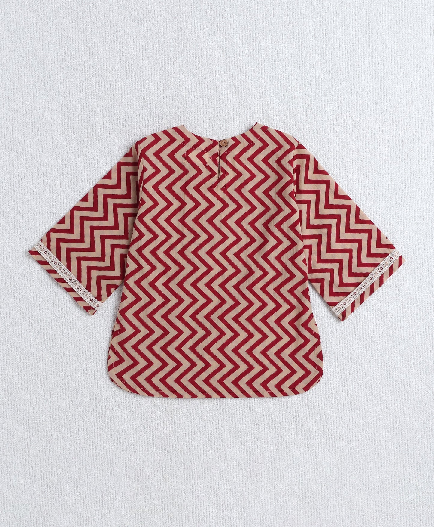 Cotton Woven Three Fourth Sleeves Zig Zag Printed Top and Bottom Set- Maroon