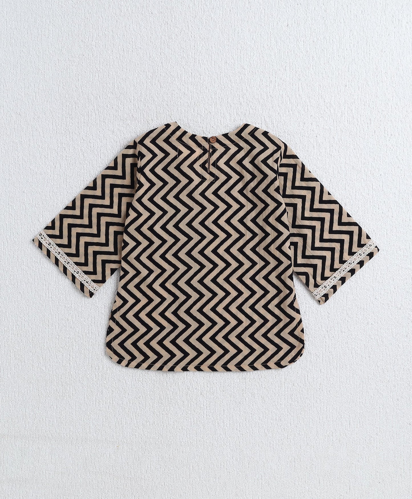 Cotton Woven Three Fourth Sleeves Zig Zag Printed Top and Bottom Set- Black