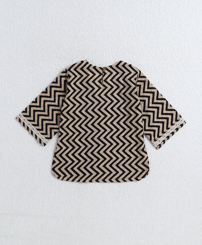 Cotton Woven Three Fourth Sleeves Zig Zag Printed Top and Bottom Set- Black