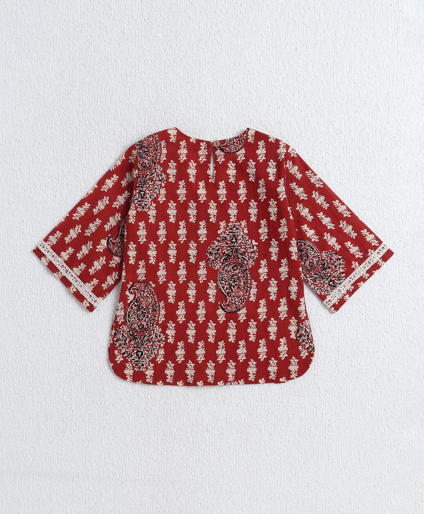 Cotton Woven Three Fourth Sleeves AII Over Printed Top and Bottom Set- Maroon