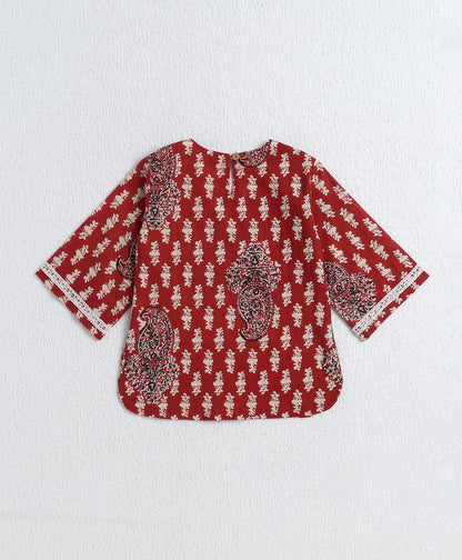 Cotton Woven Three Fourth Sleeves AII Over Printed Top and Bottom Set- Maroon
