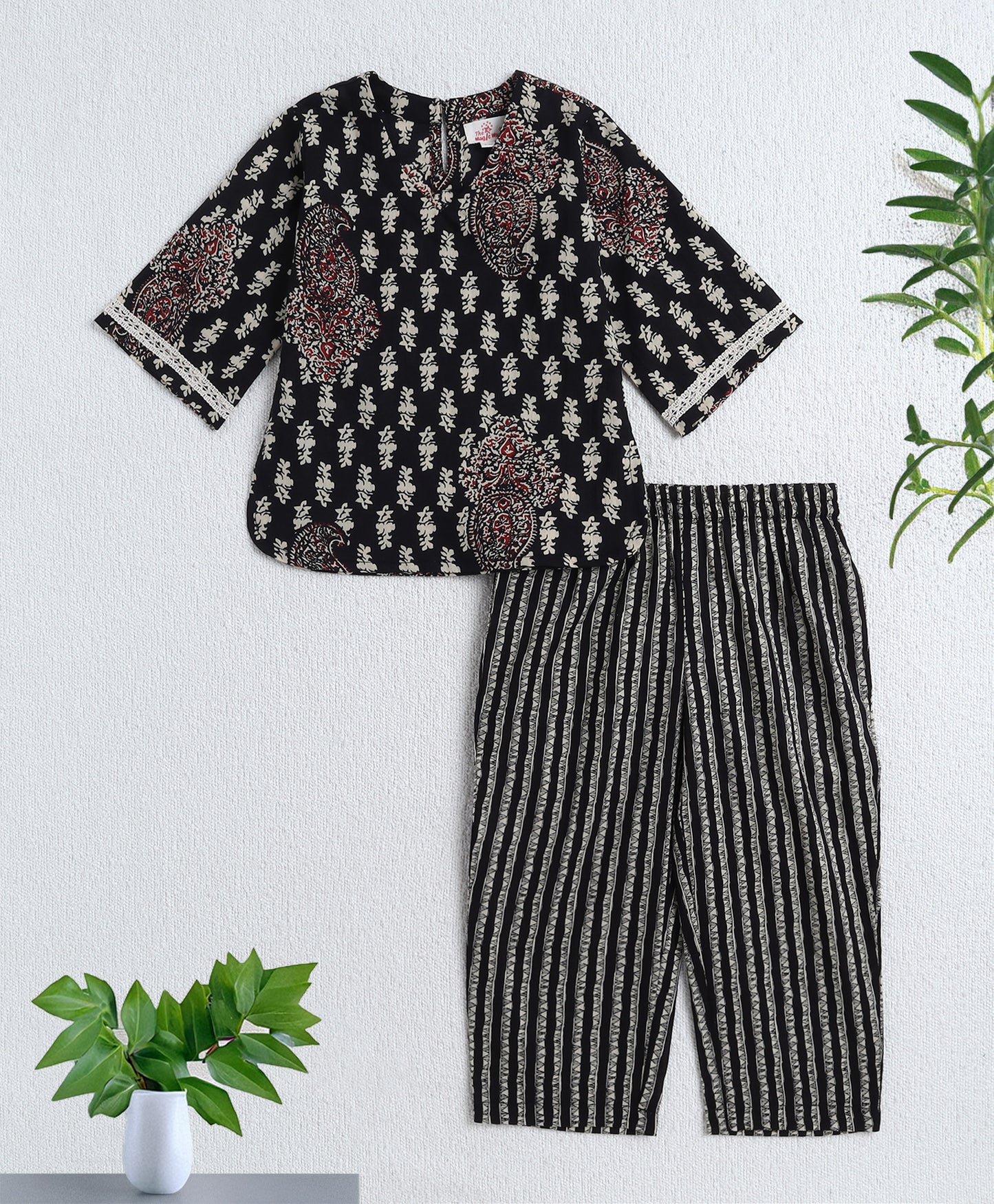 Cotton Woven Three Fourth Sleeves AII Over Printed Top and Bottom Set- Black