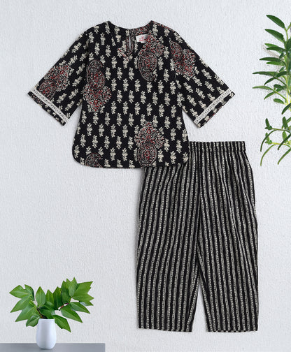 Cotton Woven Three Fourth Sleeves AII Over Printed Top and Bottom Set- Black