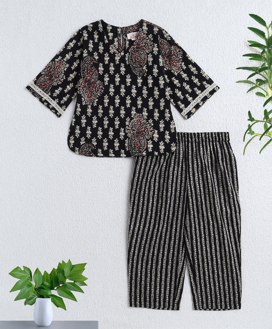 Cotton Woven Three Fourth Sleeves AII Over Printed Top and Bottom Set- Black