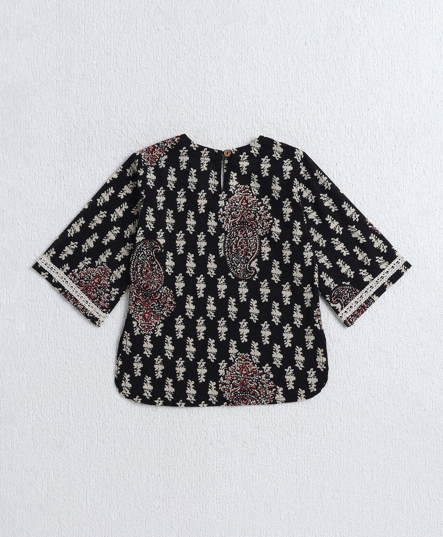 Cotton Woven Three Fourth Sleeves AII Over Printed Top and Bottom Set- Black