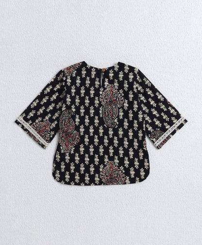 Cotton Woven Three Fourth Sleeves AII Over Printed Top and Bottom Set- Black