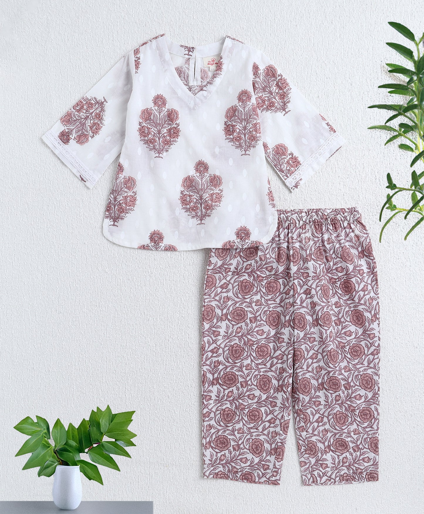 The Magic Wand Cotton Woven Three Fourth Sleeves AII Over Printed Top and Bottom Set- Off White