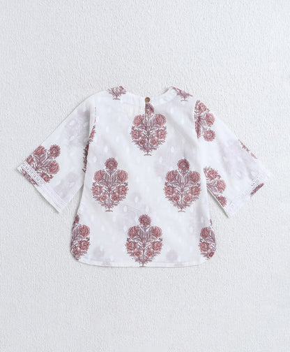 The Magic Wand Cotton Woven Three Fourth Sleeves AII Over Printed Top and Bottom Set- Off White