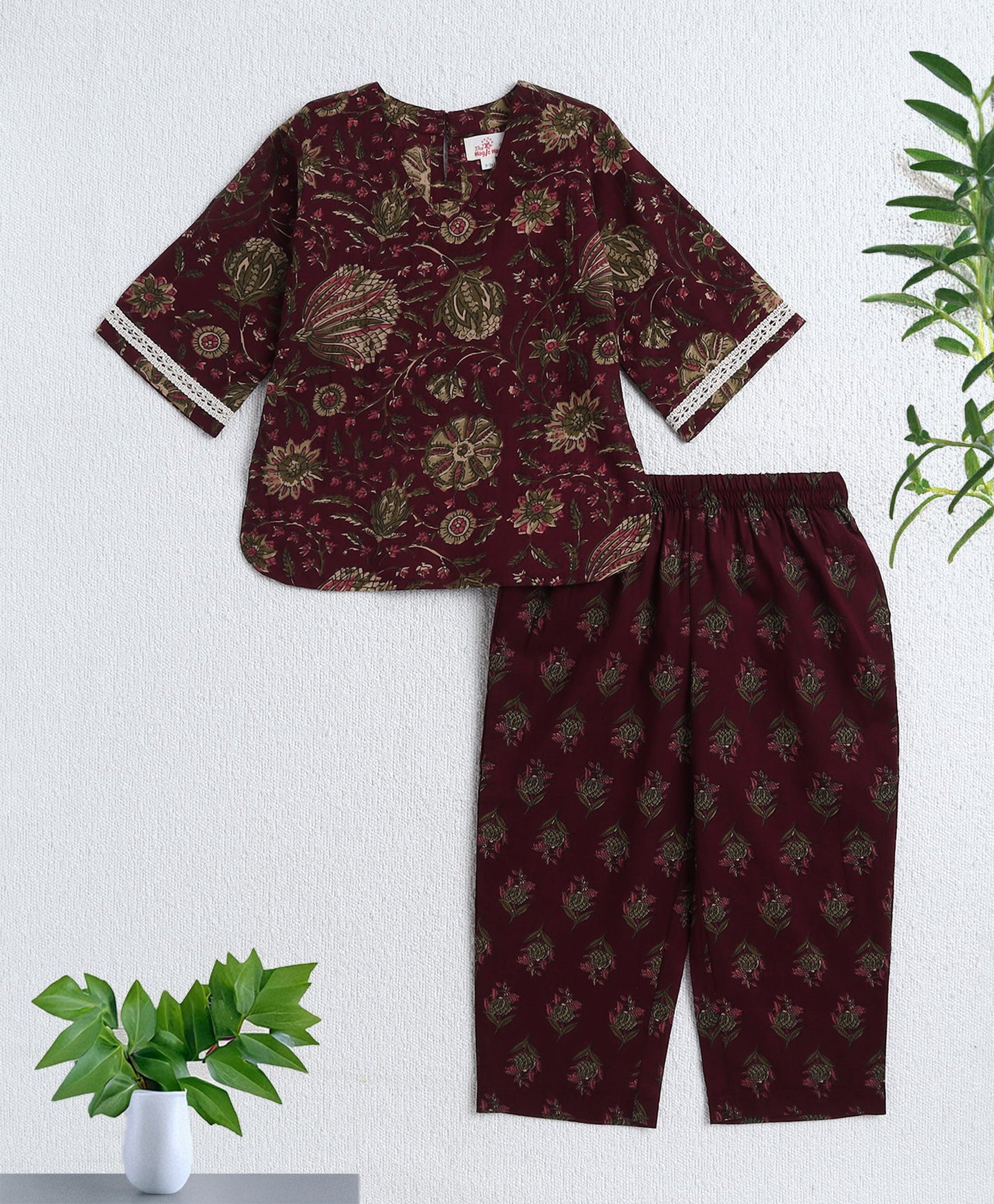 Cotton Woven Three Fourth Sleeves AII Over Printed Top and Bottom Set- Wine