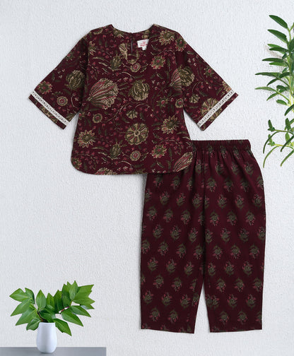 Cotton Woven Three Fourth Sleeves AII Over Printed Top and Bottom Set- Wine